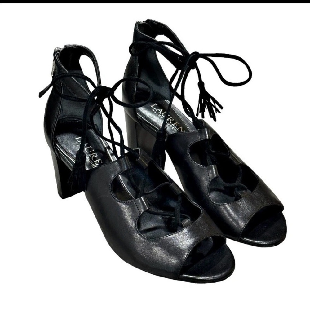 Ralph Lauren Black Leather Heels Size9.5 Tassel Lace-up Open Toe Strappy - Picture 2 of 6